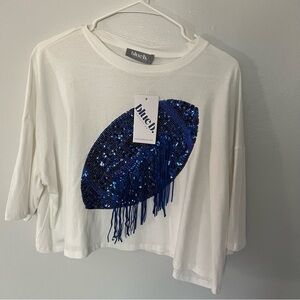 Blue B White Top with Blue Sequin Design